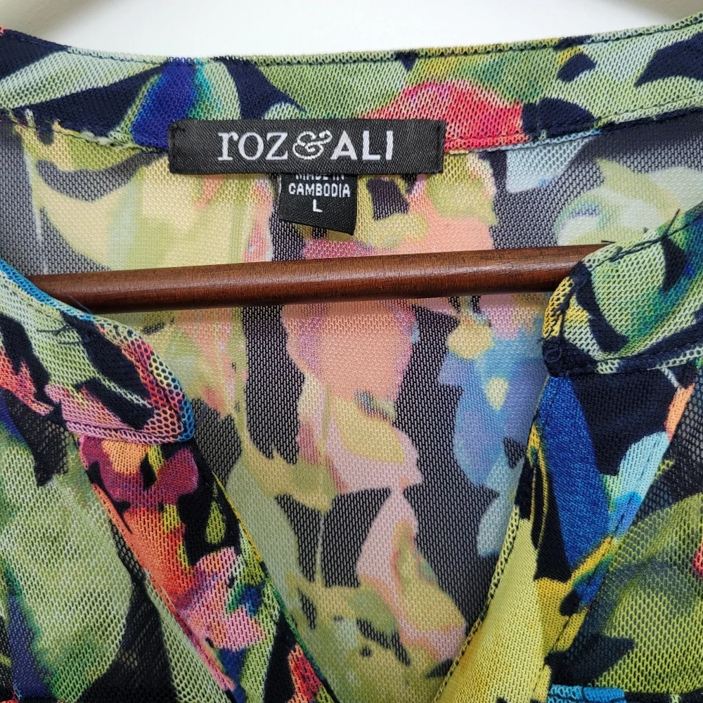 Roz & Ali Floral Multicolored Green Pink Yellow Blue Blouse with Buttons Large - Picture 4 of 8